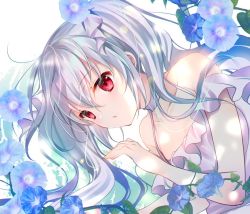 Rule 34 | 1girl, bad id, bad twitter id, bare shoulders, blue flower, collarbone, commentary, dress, flower, grey hair, hair between eyes, hand up, long hair, off-shoulder dress, off shoulder, original, parted lips, red eyes, shirogane hina, solo, symbol-only commentary, twintails, upper body, white background, white dress