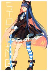 Rule 34 | 10s, 1girl, bow, dress, gothic lolita, high heels, highres, hoirn, lolita fashion, long hair, multicolored hair, panty &amp; stocking with garterbelt, ribbon, single thighhigh, stocking (psg), striped clothes, striped thighhighs, sword, thighhighs, two-tone hair, very long hair, weapon