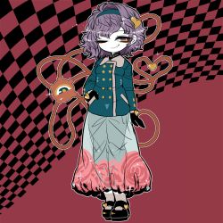 Rule 34 | 1girl, alternate costume, arm at side, black footwear, black gloves, blue coat, blue skirt, breasts, brown background, checkered background, coat, eyeshadow, floral print, full body, gloves, hair between eyes, hairband, half-closed eye, hand in pocket, heart, heart of string, komeiji satori, long skirt, looking at viewer, looking to the side, magenta background, makeup, one eye closed, purple eyes, purple hair, rose print, see-through silhouette, shoes, short hair, skirt, small breasts, solo, sparkle, third eye, touhou, turtleneck, two-tone background, yt (wai-tei)