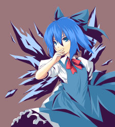 Rule 34 | 1girl, bad id, bad pixiv id, blue eyes, blue hair, bow, bowtie, cirno, covering own mouth, dress, embodiment of scarlet devil, female focus, hand over own mouth, kinsenka, matching hair/eyes, pinafore dress, ribbon, short hair, simple background, sleeveless, sleeveless dress, solo, touhou, tsurime, wings