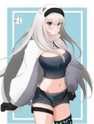 Rule 34 | 1girl, animal ears, arknights, aurora (arknights), aurora (elite ii) (arknights), bear ears, black gloves, black hairband, black shirt, blue eyes, blush, breasts, chewycandy, commentary, cowboy shot, crop top, female focus, gloves, grey shorts, hairband, hand on own hip, highres, infection monitor (arknights), large breasts, long hair, long sleeves, looking at viewer, midriff, navel, shirt, short shorts, shorts, shrug (clothing), silver hair, solo, standing, stomach, thigh strap, thighs, very long hair