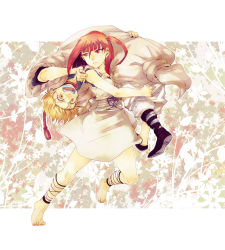 Rule 34 | 1boy, 1girl, ali baba saluja, arabian clothes, barefoot, blonde hair, carrying, carrying over shoulder, cross-laced footwear, dress, feet, kakuu, magi the labyrinth of magic, morgiana, red eyes, red hair, running, side ponytail, white dress, yellow eyes