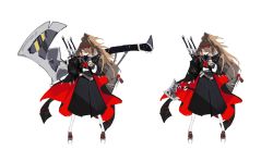 Rule 34 | 1girl, axe, bag, belt, black coat, black skirt, brown bag, brown footwear, brown hair, character sheet, charm (object), coat, coat on shoulders, earrings, eyewear on head, grey background, hand on own hip, highres, holding, holding axe, holding weapon, huge weapon, jewelry, long hair, long skirt, looking at viewer, multicolored clothes, multicolored coat, multiple views, open clothes, open coat, original, parted lips, ponytail, red-tinted eyewear, red coat, red eyes, school uniform, serafuku, simple background, sketch, skirt, smile, standing, sunglasses, tinted eyewear, two-tone coat, uniform, very long hair, viiiper, weapon, weapon on back, white legwear