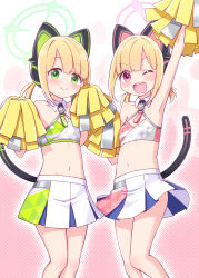 Rule 34 | 2girls, ;d, alternate costume, animal ear headphones, animal ears, arm up, armpits, bare shoulders, blonde hair, blue archive, blush, breasts, cheerleader, closed mouth, collarbone, commentary request, cosplay, crop top, fake animal ears, feet out of frame, green eyes, halo, harada (sansei rain), headphones, hibiki (blue archive), highres, holding, long hair, low twintails, midori (blue archive), millennium cheerleader outfit (blue archive), momoi (blue archive), multiple girls, navel, one eye closed, open mouth, pleated skirt, pom pom (cheerleading), red eyes, short twintails, siblings, sisters, skirt, small breasts, smile, standing, tail, twins, twintails, white skirt