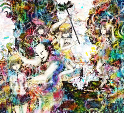 Rule 34 | 1boy, 4girls, abstract, axe, colorful, deepwood1988, highres, multiple girls, original, surreal, weapon
