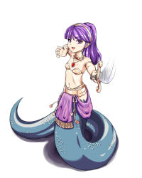 Rule 34 | 1girl, armband, armor, bikini armor, btraphen, choker, fangs, fighting stance, full body, guardian cross, jewelry, lamia, long hair, looking at viewer, monster girl, navel, pendant, pointing sword, ponytail, purple eyes, purple hair, scales, shadow, simple background, solo, sword, weapon, white background