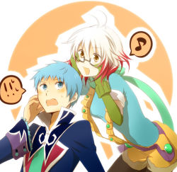 Rule 34 | 1boy, 1girl, blue eyes, blue hair, blue shirt, blush, brown eyes, glasses, gloves, hubert ozwell, lowres, multicolored hair, pascal (tales), satsu, shirt, smile, tales of (series), tales of graces