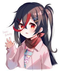 Rule 34 | 1girl, :d, black hair, blue shirt, blush, clothes writing, commentary request, cropped torso, grisaia chronos rebellion, hair between eyes, hair ornament, hairclip, hand up, happy birthday, highres, jacket, koizumi isuka, long hair, long sleeves, looking at viewer, meito (maze), multicolored hair, one side up, open mouth, pink jacket, red eyes, red hair, shirt, simple background, sleeves past wrists, smile, solo, streaked hair, upper body, very long hair, white background
