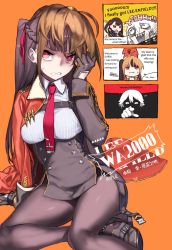 Rule 34 | 1boy, 2girls, 92m, annoyed, black hair, brown eyes, bullpup, commander (girls&#039; frontline), commentary request, cosplay, embarrassed, english text, girls&#039; frontline, gloves, gun, highres, jacket, lee-enfield (girls&#039; frontline), monocle, multiple girls, necktie, pantyhose, rifle, sniper rifle, wa2000 (girls&#039; frontline), walther, walther wa 2000, weapon, white hair, wig