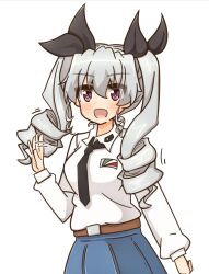 Rule 34 | 1girl, :d, anchovy (girls und panzer), anzio school uniform, belt, black necktie, black ribbon, blue skirt, brown belt, commentary, dress shirt, drill hair, emblem, girls und panzer, green hair, hair ribbon, long hair, long sleeves, looking at viewer, miniskirt, motion lines, necktie, open mouth, pleated skirt, red eyes, ribbon, rico (rico-tei), school uniform, shirt, simple background, skirt, smile, solo, standing, twin drills, twintails, waving, white background, white shirt, wing collar