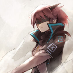 Rule 34 | 1girl, arknights, black jacket, blindfold, brown hair, closed mouth, e-bushi, facing viewer, grey background, highres, horns, jacket, layered sleeves, long sleeves, open clothes, open jacket, ponytail, shirt, short over long sleeves, short sleeves, smoke, solo, white shirt, yato (arknights)
