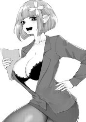Rule 34 | 1girl, blunt bangs, bra, breasts, cleavage, commission, cowboy shot, curvy, facing viewer, formal, greyscale, hand on own hip, highres, jacket, looking at viewer, medium breasts, monochrome, no shirt, norman maggot, open mouth, original, pencil skirt, pointy ears, sidelocks, skirt, skirt suit, solo, suit, underwear