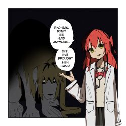 Rule 34 | 2girls, ahoge, blonde hair, bocchi the rock!, bow, commentary, english commentary, english text, fullmetal alchemist, green eyes, highres, ijichi nijika, kita ikuyo, lab coat, machuuu68, monster girl, multiple girls, one side up, red bow, red hair, stethoscope