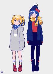 Rule 34 | 10s, 2girls, :3, bad id, bad pixiv id, beanie, black legwear, blonde hair, blue eyes, blue hair, boots, bow, coat, eye contact, hair bow, hat, highres, hood, hoodie, kisaragi yuu (fallen sky), long hair, long sleeves, looking at another, middle finger, multiple girls, oversized clothes, pantyhose, pipimi, polka dot, poptepipic, popuko, scarf, scrunchie, shoes, short hair, sidelocks, skirt, socks, twintails, yellow eyes