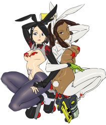 Rule 34 | 1girl, 2girls, absurdres, animal ears, arm behind head, ass, black footwear, black gloves, black hair, black hairband, blue eyes, blue lips, breasts, brown hair, character name, commentary request, cube (jet set radio), dark-skinned female, dark skin, dreadlocks, earrings, fake animal ears, fake tail, fingerless gloves, flame print, gloves, green gloves, grey hairband, groin, hairband, half-closed eyes, highres, home (houmei), inline skates, jet set radio, jewelry, large breasts, lipstick, locked arms, long sleeves, looking at viewer, looking down, makeup, meme attire, multiple girls, orange lips, pantyhose, parted lips, pasties, rabbit earrings, rabbit ears, rabbit tail, reverse bunnysuit, reverse outfit, roller skates, sega, shiny clothes, shiny skin, shrug (clothing), simple background, skates, skull earrings, spray can, star (symbol), star pasties, stomach tattoo, sugar (jet set radio), swept bangs, tail, tattoo, very dark skin, white background