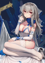 Rule 34 | 1girl, absurdres, arm up, azur lane, bare shoulders, breasts, china dress, chinese clothes, cleavage, dress, earrings, elbow gloves, fingerless gloves, flower, gloves, grey hair, hand on own thigh, headdress, highres, jean.organ, jewelry, large breasts, long hair, mole, mole under eye, no shoes, parted lips, red eyes, saint-louis (azur lane), saint-louis (holy knight&#039;s resplendence) (azur lane), shoes, sitting, sleeveless, sleeveless dress, soles, solo, thighhighs, thighs, unworn shoes, yokozuwari