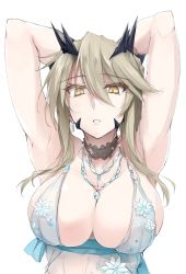 Rule 34 | 1girl, armpits, arms behind head, arms up, artoria pendragon (fate), artoria pendragon (lancer alter) (fate), artoria pendragon (lancer alter) (royal icing) (fate), babydoll, bare shoulders, blonde hair, breasts, choker, cleavage, collarbone, earrings, eyelashes, fate/grand order, fate (series), gloves, hair between eyes, horns, jewelry, large breasts, lingerie, long hair, looking at viewer, necklace, official alternate costume, open mouth, parted lips, sash, see-through, sidelocks, simple background, snowflake print, solo, underwear, white background, yellow eyes, zekkyon