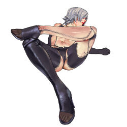 1girl a2_(nier:automata) cameltoe elbow_gloves gloves grey_hair high_heels highres joints ken_sogen lips lying navel nier:automata nier_(series) on_back red_lips simple_background sitting solo thighhighs toes white_background