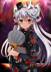 Rule 34 | 10s, 1girl, amatsukaze (kancolle), blush, brown eyes, collar, fireworks, fox mask, hair tubes, hand fan, japanese clothes, kantai collection, kimono, kyogoku shin, long hair, looking at viewer, mask, night, night sky, paper fan, silver hair, sky, smile, solo, two side up
