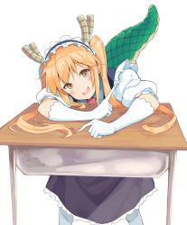 Rule 34 | 10s, 1girl, :d, blonde hair, desk, dragon girl, dragon horns, dragon tail, gloves, highres, horns, kobayashi-san chi no maidragon, large tail, long hair, looking at viewer, maid headdress, necktie, open mouth, puffy short sleeves, puffy sleeves, school desk, shooene, short sleeves, sitting, slit pupils, smile, solo, tail, teeth, tohru (maidragon), twintails, white gloves