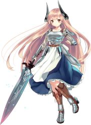 Rule 34 | 1girl, armor, armored boots, armored dress, blonde hair, boots, brown eyes, cross-laced footwear, full body, gilgamesh (last summoner), holding, holding sword, holding weapon, knee boots, last summoner, long hair, looking at viewer, official art, pink hair, smile, solo, sword, transparent background, weapon