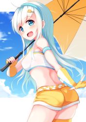 Rule 34 | 1girl, ass, bare shoulders, blue eyes, blue sky, cloud, crop top, elbow gloves, gloves, highres, igayan, long hair, midriff, open mouth, original, pantylines, parasol, race queen, shorts, silver hair, sky, smile, solo, umbrella, very long hair, yellow gloves