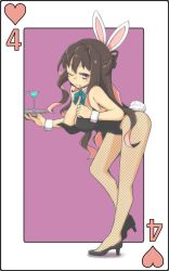 Rule 34 | 10s, 1girl, alternate costume, animal ears, blue bow, bow, breasts, brown hair, card, cleavage, cocktail glass, cup, drinking glass, eyelashes, fake animal ears, fang, fishnet pantyhose, fishnets, four of hearts, high heels, highres, holding, holding tray, kantai collection, leaning forward, long hair, looking at viewer, macbail, multicolored hair, naganami (kancolle), one eye closed, pantyhose, pink hair, playboy bunny, playing card, pumps, purple background, rabbit ears, rabbit tail, solo, tail, tray, two-tone hair, unmoving pattern, very long hair, wavy hair, wrist cuffs, yellow eyes