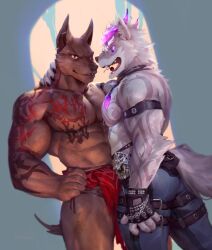 Rule 34 | 2boys, abs, armband, bara, biceps, body markings, chain, cherry, colored sclera, commission, denim, earrings, fingerless gloves, food, fruit, furry, furry male, gloves, glowing, glowing eye, highres, horns, jeans, jewelry, large pectorals, male focus, multiple boys, muscular, muscular male, necklace, nipple piercing, null-ghost, original, pants, pectorals, pendant, piercing, purple eyes, purple sclera, red eyes, thick thighs, thighs, topless male, yaoi