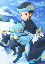 Rule 34 | 1boy, alternate costume, black footwear, black hair, black headwear, black jacket, black pants, blue eyes, closed mouth, cloud, commentary request, creatures (company), dated, day, evolutionary line, game freak, gen 4 pokemon, hat, highres, holding, holding pokemon, jacket, lucas (pokemon), luxio, luxray, male focus, mountain, nintendo, outdoors, pants, pokemon, pokemon (creature), pokemon dppt, punico (punico poke), shinx, shoes, short hair, sky, smile, snow, standing, translation request
