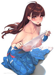 Rule 34 | 1girl, ahoge, bare shoulders, blush, breasts, brown hair, collarbone, covered erect nipples, female focus, fingerless gloves, fingernails, gloves, kneeling, large breasts, long fingernails, long hair, looking at viewer, mermaid costume, nipples, open mouth, original, red eyes, sasaoka gungu, see-through, simple background, solo, wet, wet clothes, white background