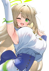 Rule 34 | 1girl, arm up, armpits, blue archive, blush, breasts, detached sleeves, green eyes, green halo, halo, large breasts, light brown hair, long hair, looking at viewer, mischievous straight uniform (blue archive), nonomi (blue archive), official alternate costume, one eye closed, open mouth, simple background, smile, solo, upper body, ushimittsu, white background