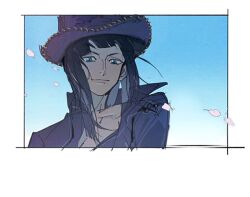 Rule 34 | 1girl, black hair, blue eyes, border, cherry blossoms, cowboy hat, dark-skinned female, dark skin, floating hair, hat, long hair, looking ahead, looking at viewer, nico robin, one piece, onecata11, outside border, smile, solo, upper body, wind