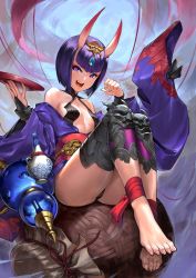 Rule 34 | 1girl, :d, ankle ribbon, bare shoulders, barefoot, bridal gauntlets, cup, eyeliner, fate/grand order, fate (series), feet, flat chest, foreshortening, gourd, headpiece, holding, holding cup, horns, japanese clothes, kimono, leg ribbon, long sleeves, looking at viewer, makeup, off shoulder, open clothes, open kimono, open mouth, patipat asavasena, purple eyes, purple hair, purple kimono, ribbon, sakazuki, shin guards, short hair, shuten douji (fate), sitting, skin-covered horns, smile, solo, thighs, toenails, toes, wide sleeves