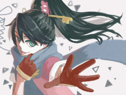 1girl ace_attorney black_hair female_focus gloves green_eyes hair_ornament kay_faraday long_hair solo solo_focus towne