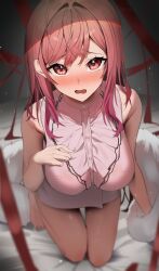 Rule 34 | 1girl, bare arms, bare shoulders, bed sheet, blurry, blurry foreground, blush, breasts, center frills, crossed bangs, embarrassed, frilled shirt, frills, fur trim, grey skirt, hair between eyes, hair intakes, hand on own chest, highres, hololive, hololive dev is, ichijou ririka, kneeling, large breasts, leaning forward, long hair, looking at viewer, nose blush, open mouth, panda 0035, pencil skirt, red eyes, red hair, red ribbon, ribbon, shirt, skirt, sleeveless, sleeveless shirt, solo, virtual youtuber, wavy mouth, white shirt
