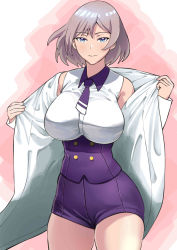 Rule 34 | 1girl, absurdres, bare shoulders, blue eyes, breasts, brown hair, corset, gridman universe, highres, impossible clothes, jacket, large breasts, looking at viewer, machida-san, medium hair, mujina, necktie, off shoulder, pink background, purple corset, purple shorts, shorts, smile, solo, ssss.dynazenon, undressing, white background, white jacket