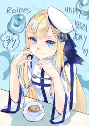 Rule 34 | 1girl, blonde hair, blue eyes, bubble, character name, closed mouth, commentary request, cup, dated, fate/grand order, fate (series), flower, green background, grey flower, hair flower, hair ornament, hands up, happy birthday, hat, highres, jacket, long hair, long sleeves, looking at viewer, lord el-melloi ii case files, reines el-melloi archisorte, satou usuzuku, smile, solo, tilted headwear, white hat, white jacket