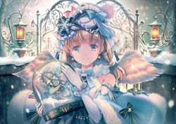 Rule 34 | 1girl, angel, angel wings, bare shoulders, bare tree, blonde hair, bow, detached sleeves, earrings, elbow gloves, feathered wings, frilled hairband, frills, fur trim, gears, glint, gloves, hair ornament, hairband, hat, hat bow, hat ribbon, highres, holding, jewelry, lamp, lamppost, lantern, long hair, looking at viewer, low twintails, original, purple eyes, ribbon, smile, snow, snow globe, snowflake hair ornament, solo, soraizumi, star (symbol), star earrings, tree, twintails, upper body, white gloves, wings, winter