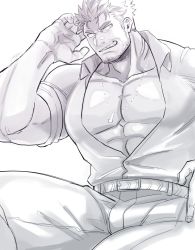 Rule 34 | 1boy, abs, bara, beard, belt, bulge, dagon (housamo), facial hair, feet out of frame, fish boy, greyscale, harada (basashi), large pectorals, long sideburns, pectoral cleavage, male focus, mature male, monochrome, muscular, muscular male, partially unbuttoned, pectorals, sharp teeth, short hair, sideburns, sleeves rolled up, smirk, solo, stubble, teeth, tentacles, thick thighs, thighs, tokyo houkago summoners