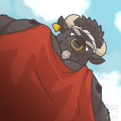 Rule 34 | 1boy, animal ears, bara, beard stubble, black fur, cow ears, cow horns, facial hair, foreshortening, from below, furry, furry male, goatee, goyemon k, hachimaki, headband, horns, large pectorals, looking at viewer, looking down, male focus, meme, minotaur, muscular, muscular male, nipple slip, nipples, nose piercing, nose ring, old, old man, original, pectoral cleavage, pectoral focus, pectorals, photo-referenced, piercing, red tank top, short hair, sidepec, solo, stubble, tank top, thick eyebrows, upper body, yur oc like this (meme)