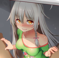 Rule 34 | 1girl, ahoge, bare shoulders, blush, braid, breasts, breasts apart, collarbone, commentary request, embarrassed, green shirt, grey hair, hair between eyes, hands on another&#039;s leg, highres, hoshi syoko, idolmaster, idolmaster cinderella girls, long hair, long sleeves, looking at viewer, medium breasts, moyashi baasuto, off shoulder, open mouth, pink ribbon, ribbon, shirt, side braid, sidelocks, single braid, smile, solo focus, under table, upper body, yellow eyes