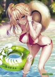 Rule 34 | 1girl, absurdres, aqua eyes, bare shoulders, beach, bikini, blonde hair, blurry, blurry background, bracelet, breasts, cleavage, day, depth of field, hair ornament, tucking hair, halterneck, hand on own knee, hat, hat on back, highres, innertube, jewelry, large breasts, leaning forward, long hair, looking at viewer, melonbooks, o-ring, o-ring bikini, o-ring bottom, o-ring top, outdoors, parted lips, piromizu, red bikini, scan, side ponytail, sidelocks, smile, solo, straw hat, swim ring, swimsuit, wading, water, wet