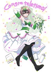 Rule 34 | 1girl, armpits, boots, bouquet, bridal veil, brown eyes, brown hair, commentary request, confetti, dress, flower, grin, heco (rina), highres, hyper misao, mask, smile, snack, solo, tape, thigh boots, thighhighs, tokyo joshi pro wrestling, veil