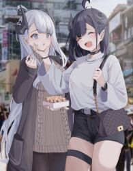 Rule 34 | 2girls, ahoge, bag, black choker, black hair, black pantyhose, black shorts, blurry, blush, breasts, building, cake walker, choker, closed eyes, commentary request, cowboy shot, depth of field, earrings, fang, food, grabbing another&#039;s chin, grey eyes, grey hair, hand on another&#039;s chin, highres, holding, holding food, horns, jacket, jewelry, long hair, long sleeves, looking at another, medium breasts, medium hair, mole, mole under eye, multiple girls, multiple rings, open clothes, open jacket, open mouth, original, outdoors, pantyhose, pointy ears, ribbed sweater, ring, shirt, shirt tucked in, short shorts, shorts, shoulder bag, sleeves past wrists, smile, standing, streetwear, stud earrings, sweatdrop, sweater, thigh strap, thighs, turtleneck, turtleneck sweater, very long hair, watch, white shirt, wristwatch