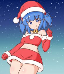 Rule 34 | 1girl, blue background, blue eyes, bright pupils, closed mouth, commentary request, commission, elbow gloves, gloves, gradient background, hair bobbles, hair ornament, hat, kawashiro nitori, looking at viewer, mizusoba, red gloves, red hat, red skirt, santa costume, santa hat, short hair, skeb commission, skirt, smile, solo, touhou, two side up, white pupils