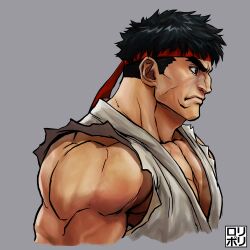 Rule 34 | 1boy, black hair, cheekbones, dougi, forked eyebrows, from side, headband, highres, jamrolypoly, looking ahead, male focus, muscular, muscular male, pectoral cleavage, pectorals, red headband, ryu (street fighter), short hair, solo, street fighter, thick eyebrows, thick neck