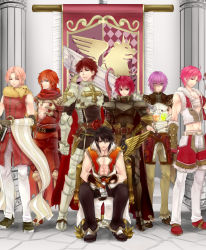 Rule 34 | 6+boys, alternate color, animal, animal around neck, armband, armor, armored boots, assassin cross (ragnarok online), bangle, banner, belt, bird, black armor, black footwear, black gloves, black hair, black pants, book, boots, bottle, bracelet, breastplate, brown belt, brown cape, brown gloves, brown pants, brown shirt, cape, chainmail, champion (ragnarok online), championship belt, closed mouth, coat, column, commentary request, creator (ragnarok online), crop top, cross, crossed arms, detached sleeves, emblem, eyes visible through hair, falcon, fingerless gloves, full body, fur-trimmed gloves, fur-trimmed pants, fur-trimmed shirt, fur-trimmed shorts, fur trim, gauntlets, gloves, hair between eyes, holding, holding book, holding bottle, hood, hooded coat, jewelry, leg armor, living clothes, looking at viewer, lord knight (ragnarok online), low ponytail, male focus, medium hair, midriff, misuguu, multiple boys, navel, open clothes, open coat, open mouth, open shirt, paladin (ragnarok online), pants, pants under shorts, pauldrons, pillar, pink hair, pointy ears, potion, pouch, professor (ragnarok online), purple hair, ragnarok online, red cape, red eyes, red footwear, red gloves, red hair, red scarf, red shirt, red shorts, scabbard, scarf, sheath, shirt, shoes, short hair, shorts, shoulder armor, sitting, skull, sleeveless, sleeveless coat, sleeveless shirt, smile, sniper (ragnarok online), spiked gauntlets, standing, striped sleeves, tabard, teeth, torn clothes, torn scarf, two-tone gloves, two-tone shirt, waist cape, white coat, white gloves, white pants, white sleeves, yellow sleeves