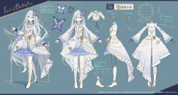 Rule 34 | 1girl, akakura, blue eyes, boots, bug, butterfly, butterfly hair ornament, character sheet, clock, clock hands, commentary request, copyright notice, dress, english text, gears, grey hair, hair ornament, high heels, highres, insect, knee boots, long hair, official art, outstretched arms, pleated dress, project sekai, sidelocks, spread arms, straight-on, swept bangs, very long hair, white dress, white footwear, wide sleeves, yoisaki kanade