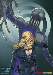 Rule 34 | 1girl, blonde hair, bodysuit, breasts, capcom, center opening, claws, cleavage, copyright name, diving suit, fangs, gainax, gloves, gun, hair over eyes, holster, lips, monster, open mouth, rachael foley, resident evil, resident evil: revelations, running, spikes, unzipped, weapon, wetsuit, yokota mamoru