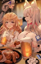 Rule 34 | 3girls, alcohol, animal ears, beer, beer mug, bird, blonde hair, blurry, blurry background, blush, breasts, caca (destiny child), chicken, cup, destiny child, facial mark, fox ears, fox girl, glasses, highres, large breasts, metis (destiny child), mug, multicolored hair, multiple girls, office lady, pickle, radish, smile, sweat, tamamo (destiny child), two-tone hair, whisker markings, white hair, zig90